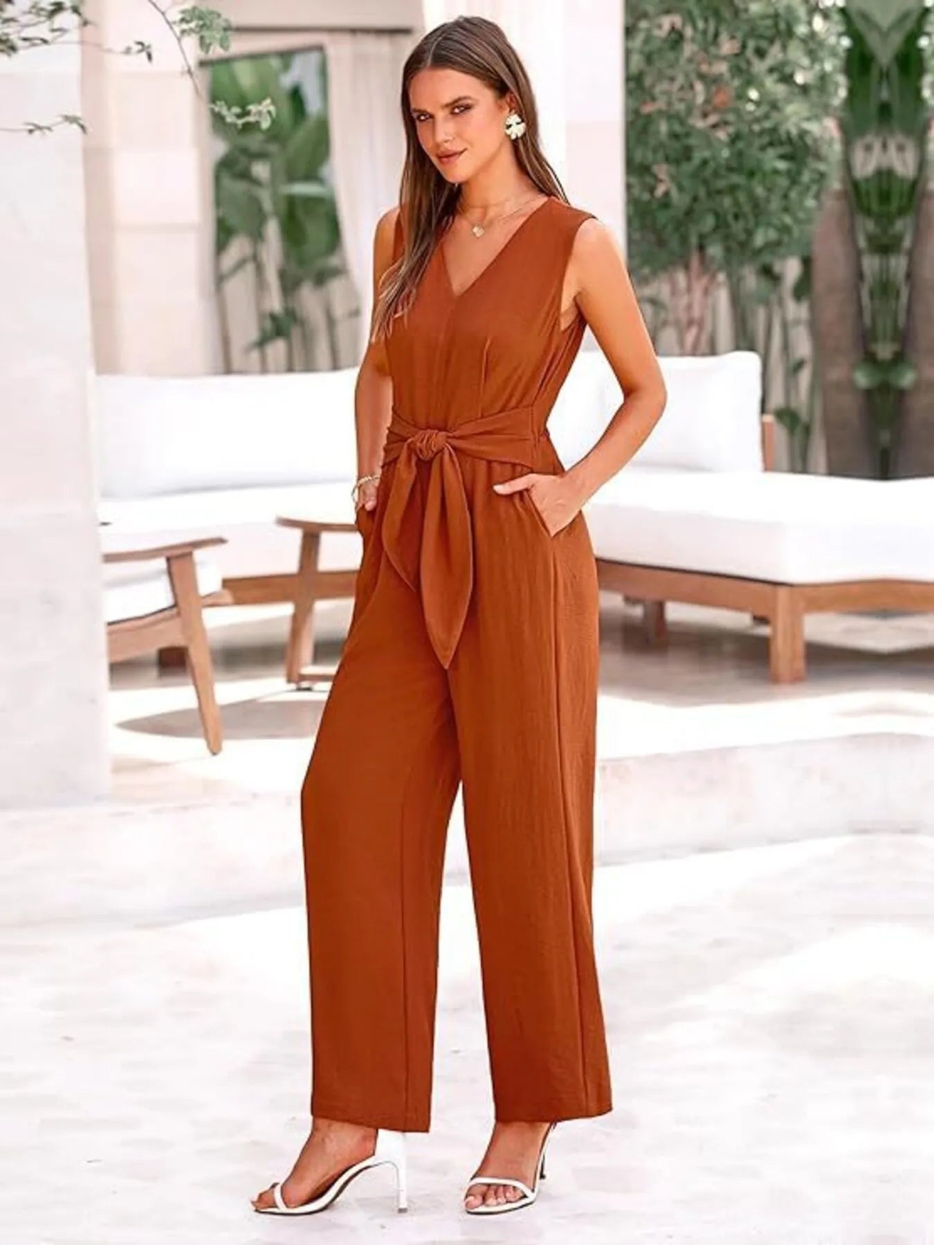 V-Neck Sleeveless Wide-Leg Jumpsuit with Waist Tie Orange / S
