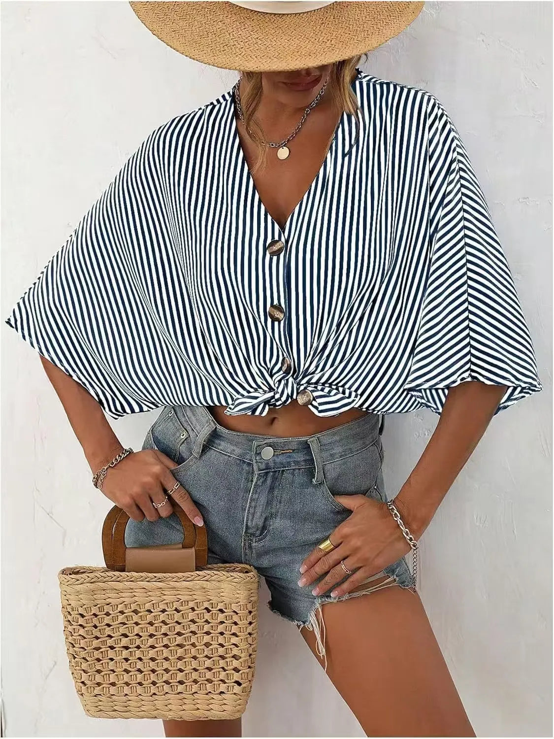 V-Neck Striped Batwing Sleeve Casual Blouse