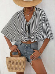 V-Neck Striped Batwing Sleeve Casual Blouse