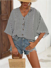 V-Neck Striped Batwing Sleeve Casual Blouse