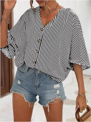 V-Neck Striped Batwing Sleeve Casual Blouse Black / S