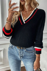 V-Neck Striped Trim Sweater