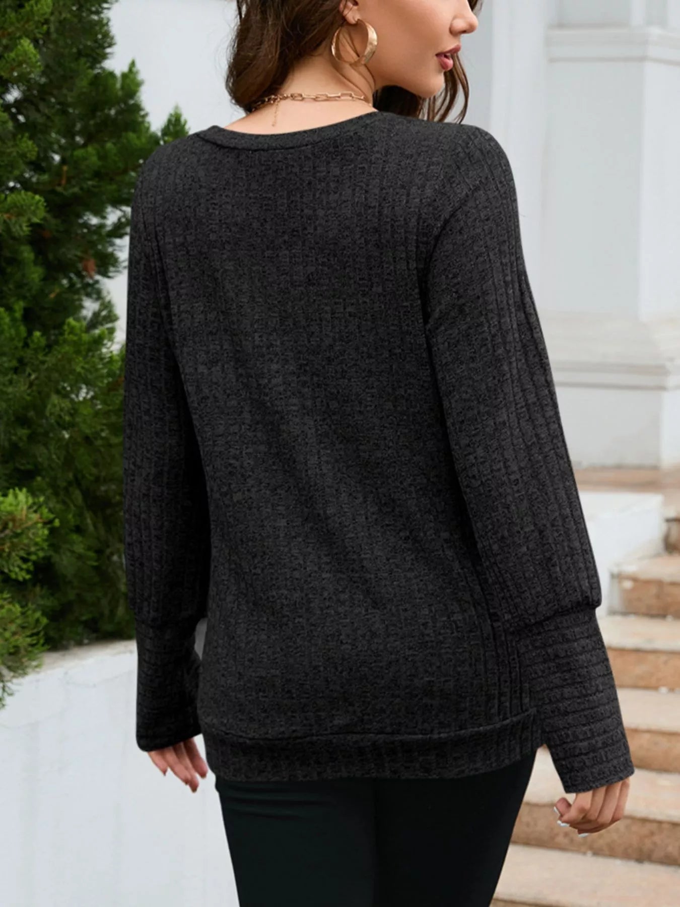 V-Neck Textured Knit Long Sleeve T-Shirt