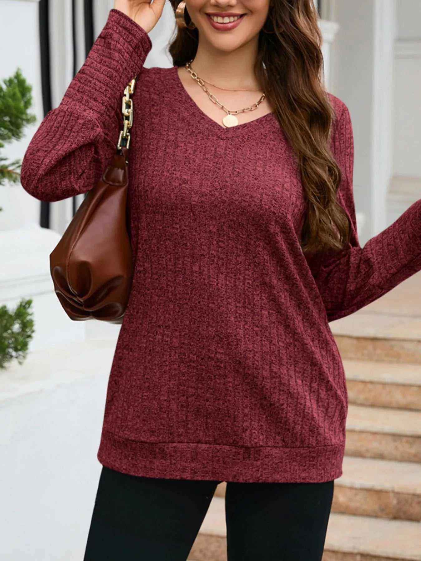 V-Neck Textured Knit Long Sleeve T-Shirt