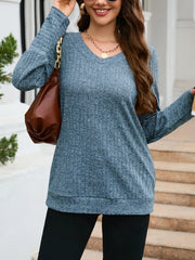 V-Neck Textured Knit Long Sleeve T-Shirt