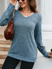 V-Neck Textured Knit Long Sleeve T-Shirt