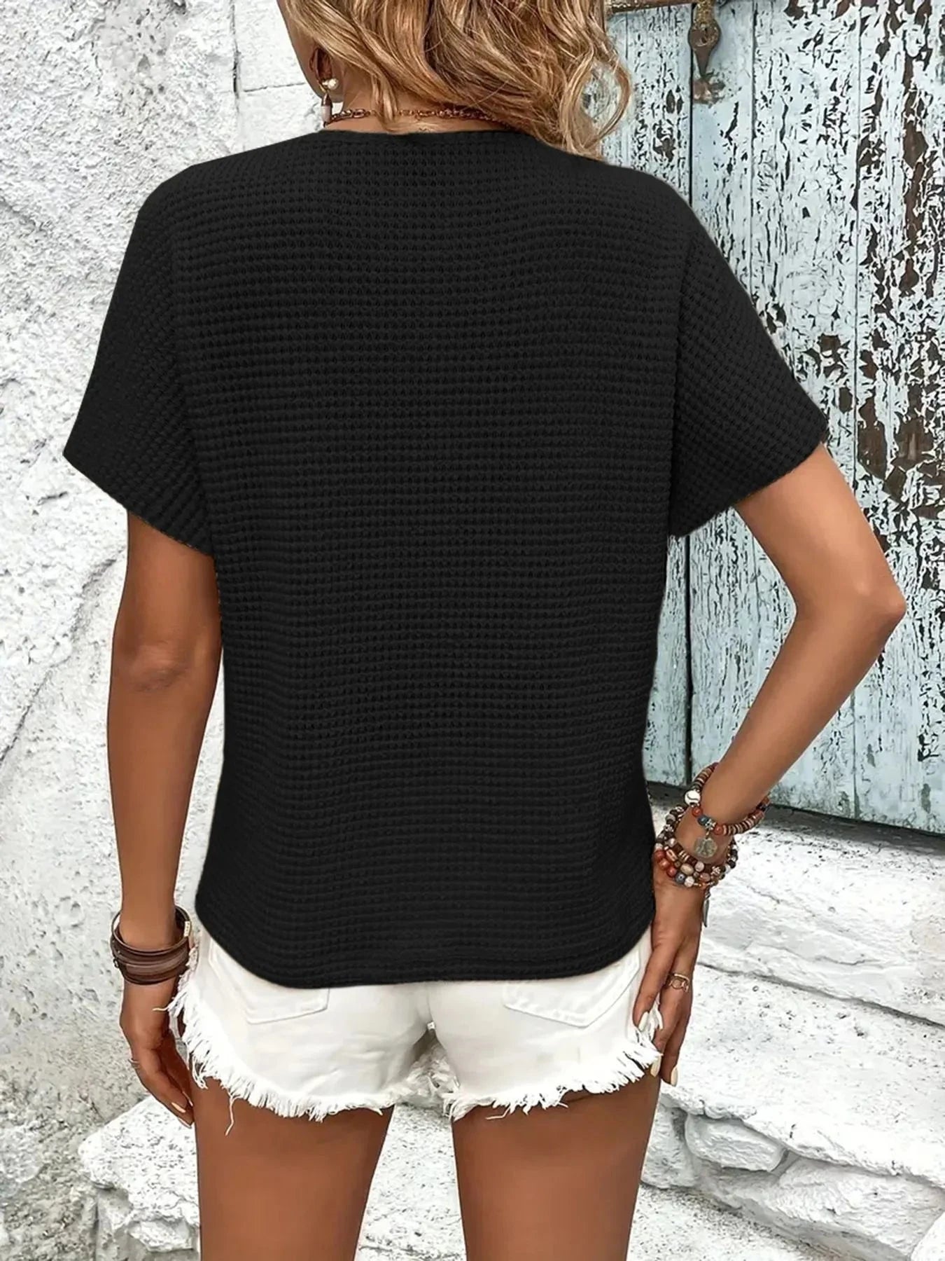 V-Neck Textured Knit T-Shirt