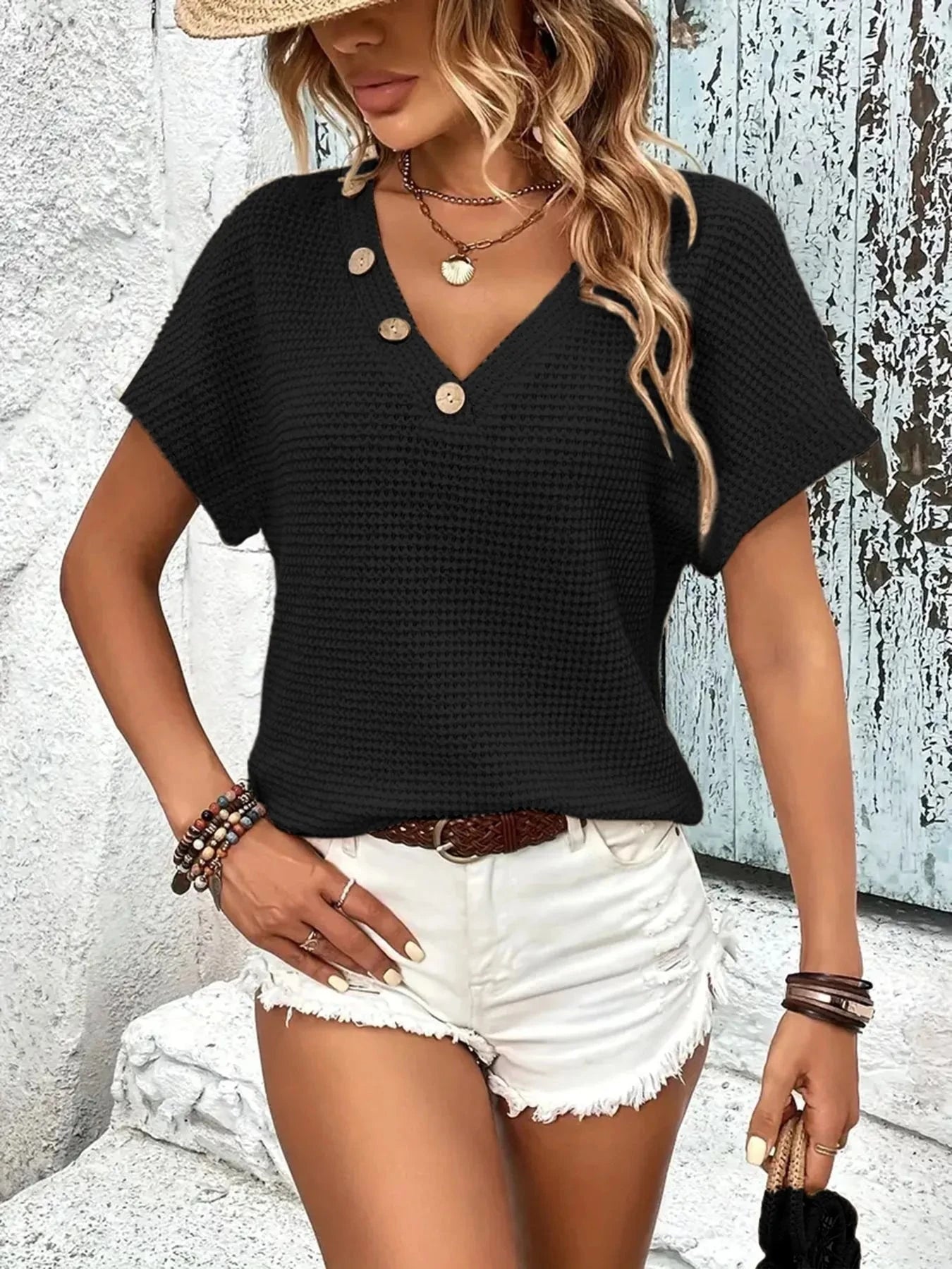 V-Neck Textured Knit T-Shirt
