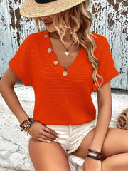 V-Neck Textured Knit T-Shirt Red / S