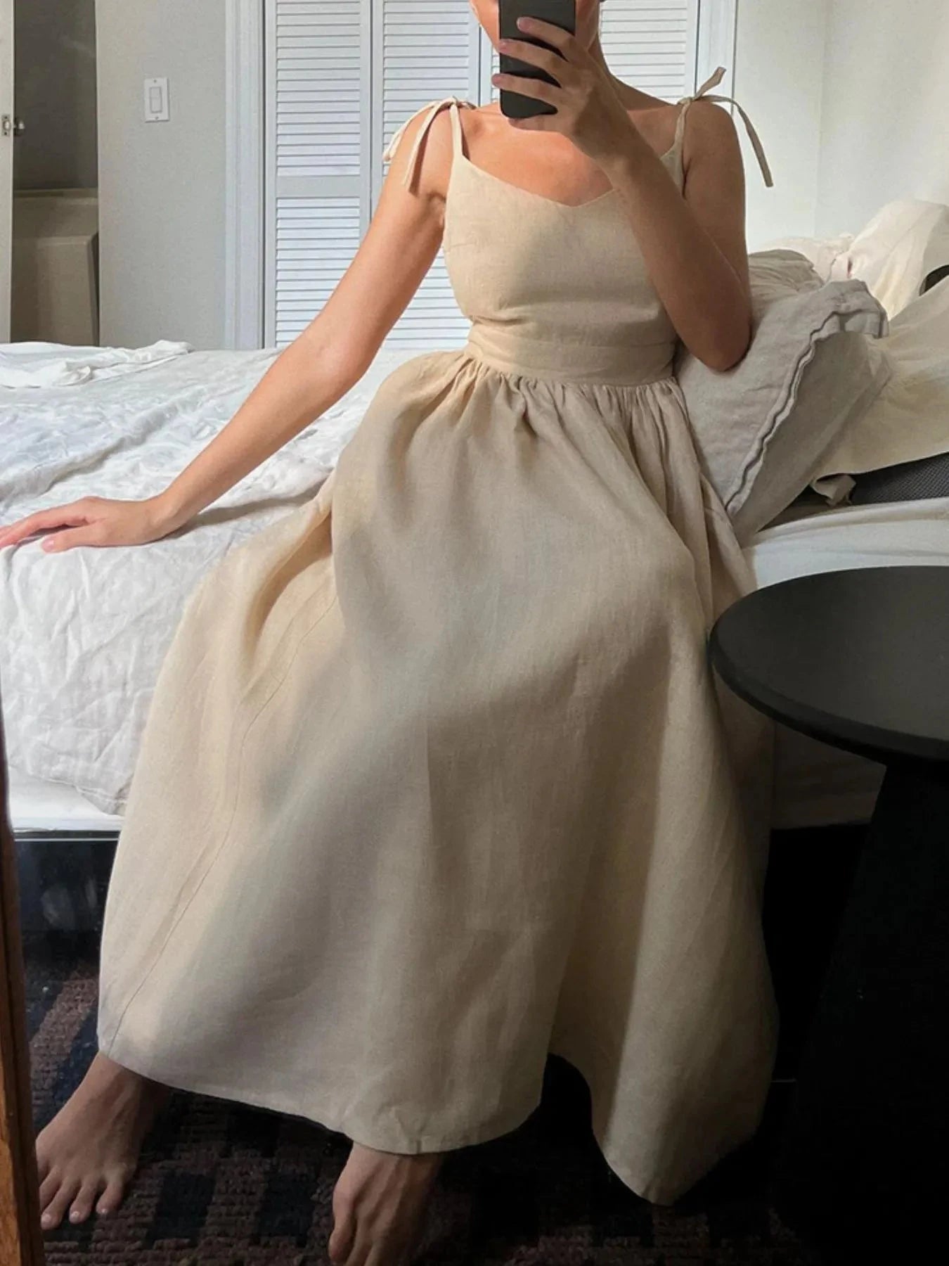 V-Neck Tie Shoulder Maxi Dress Apricot / XS