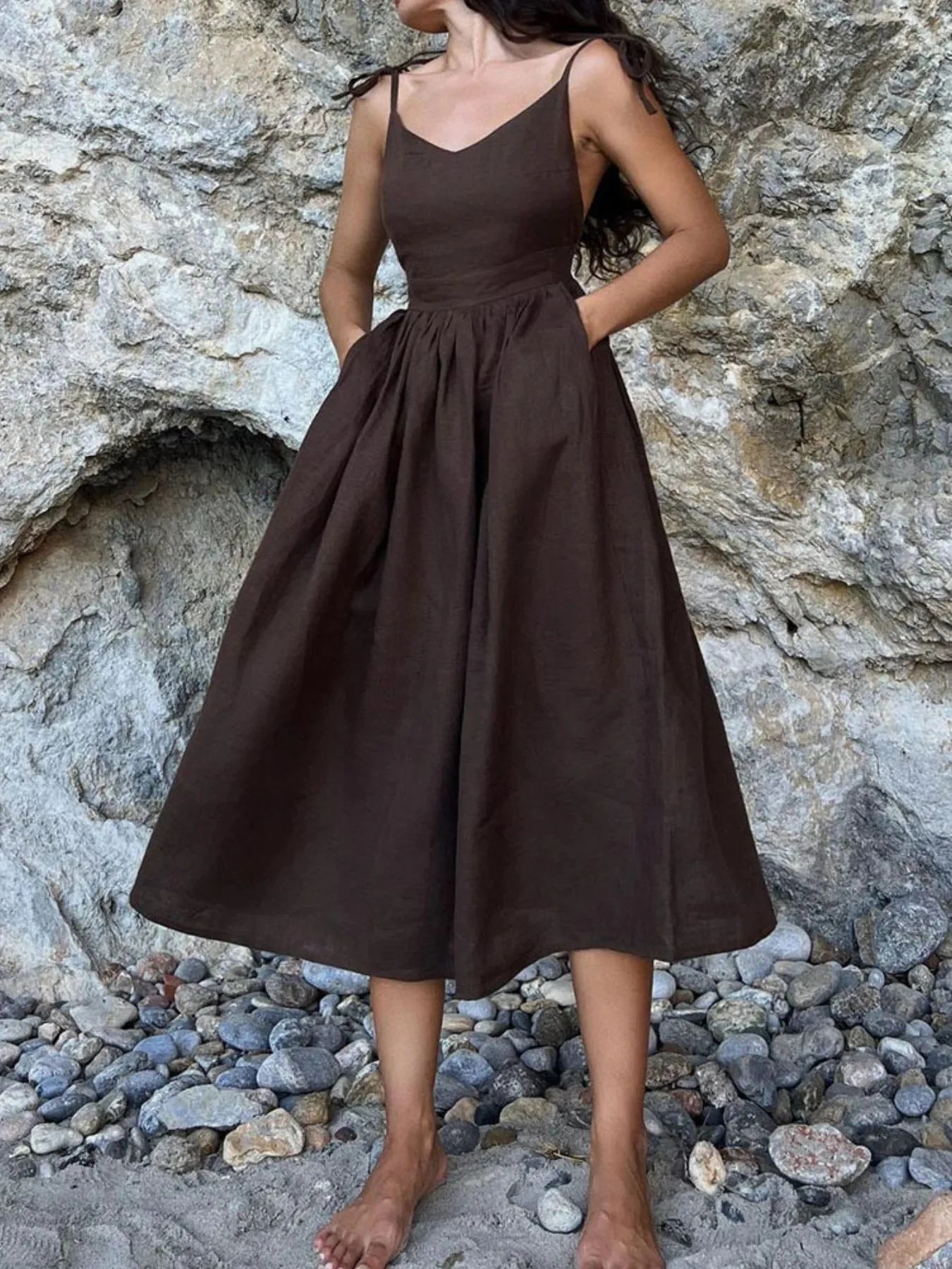 V-Neck Tie Shoulder Maxi Dress Coffee Color / XS