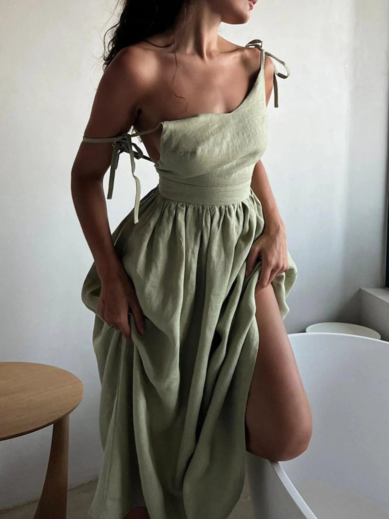 V-Neck Tie Shoulder Maxi Dress Green / XS
