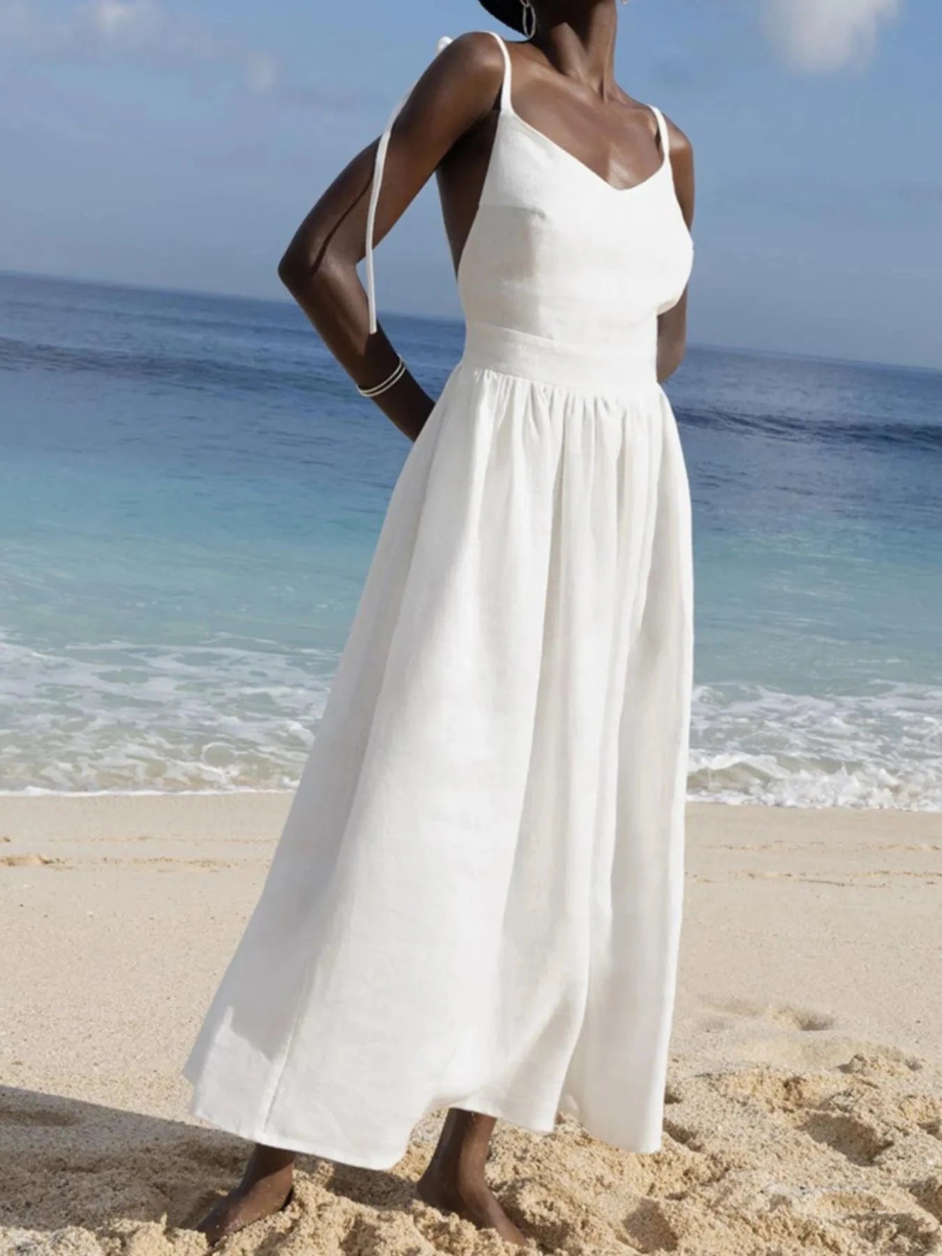 V-Neck Tie Shoulder Maxi Dress White / XS