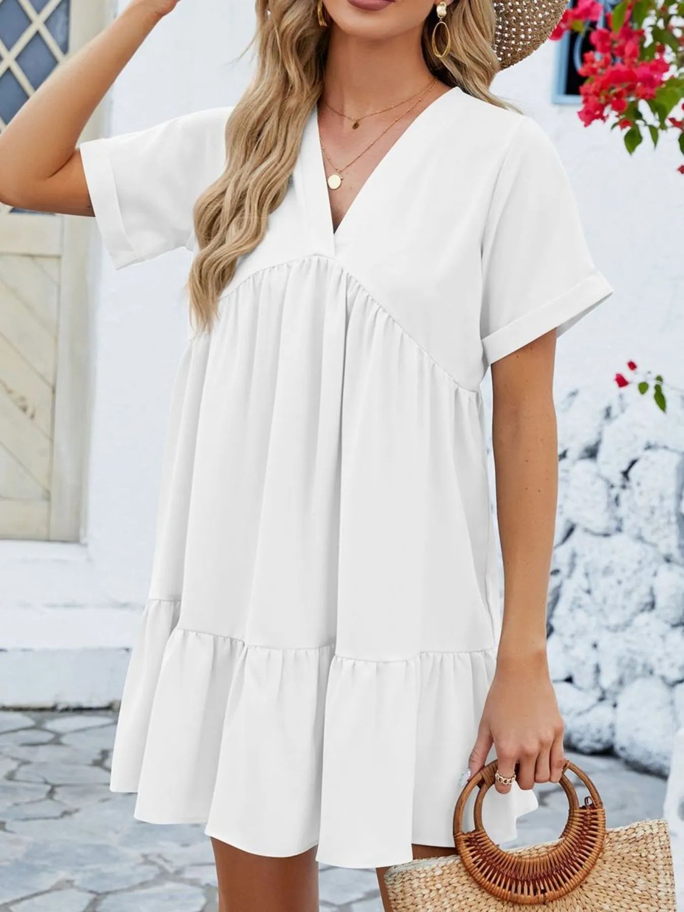 V-Neck Tiered Ruffle Mini Dress