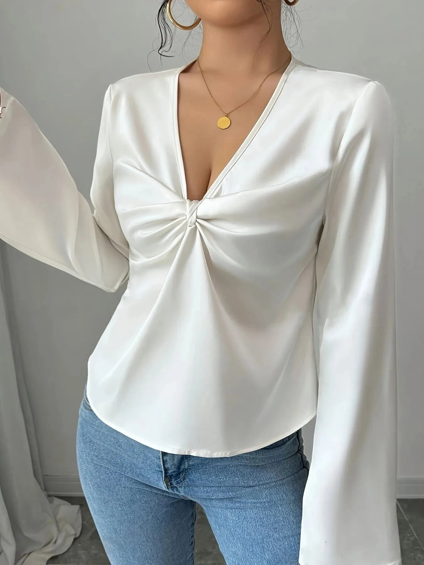 V-Neck Twist Front Long Sleeve Blouse