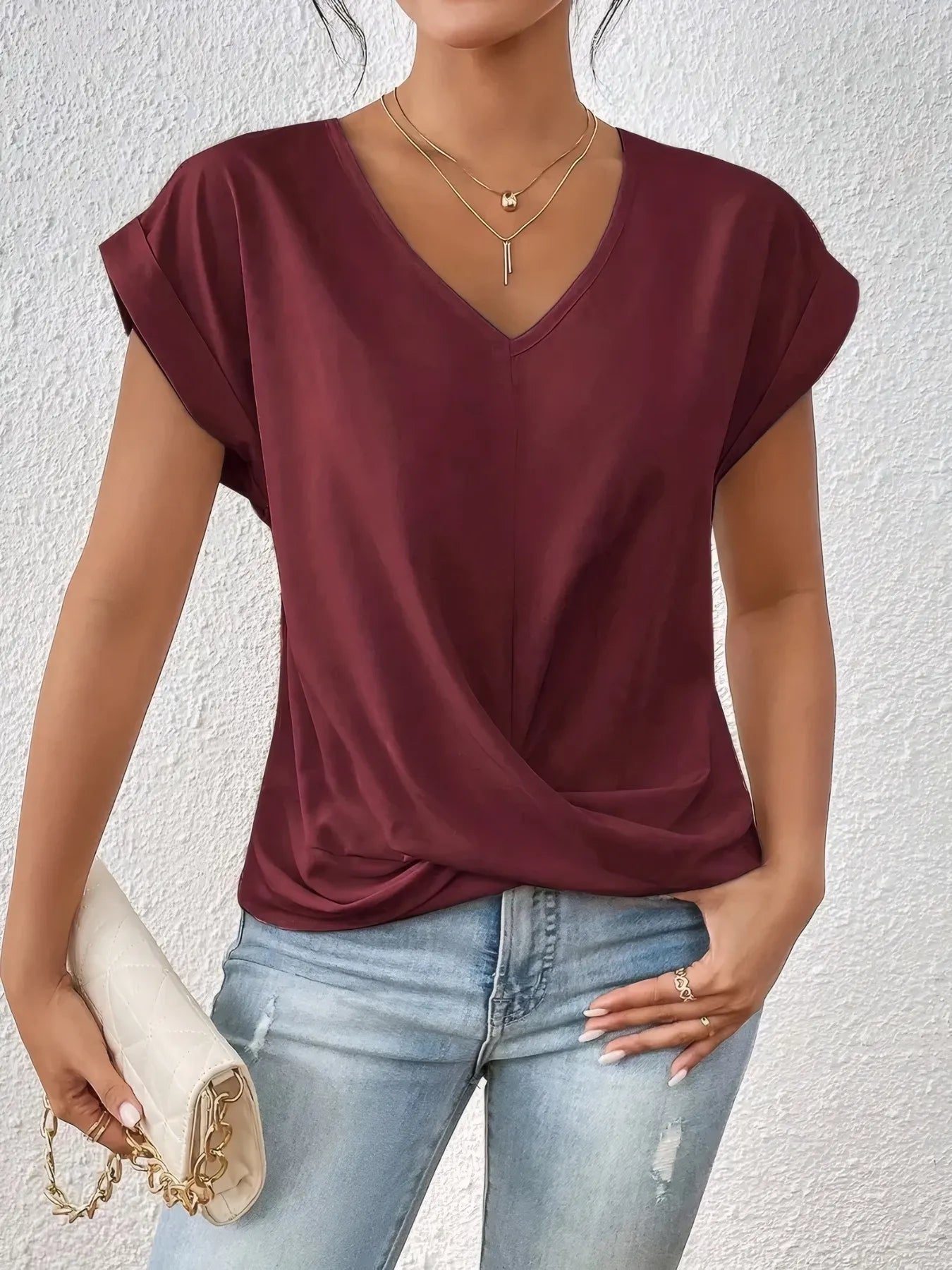 V-Neck Twist Front Top Burgundy / S