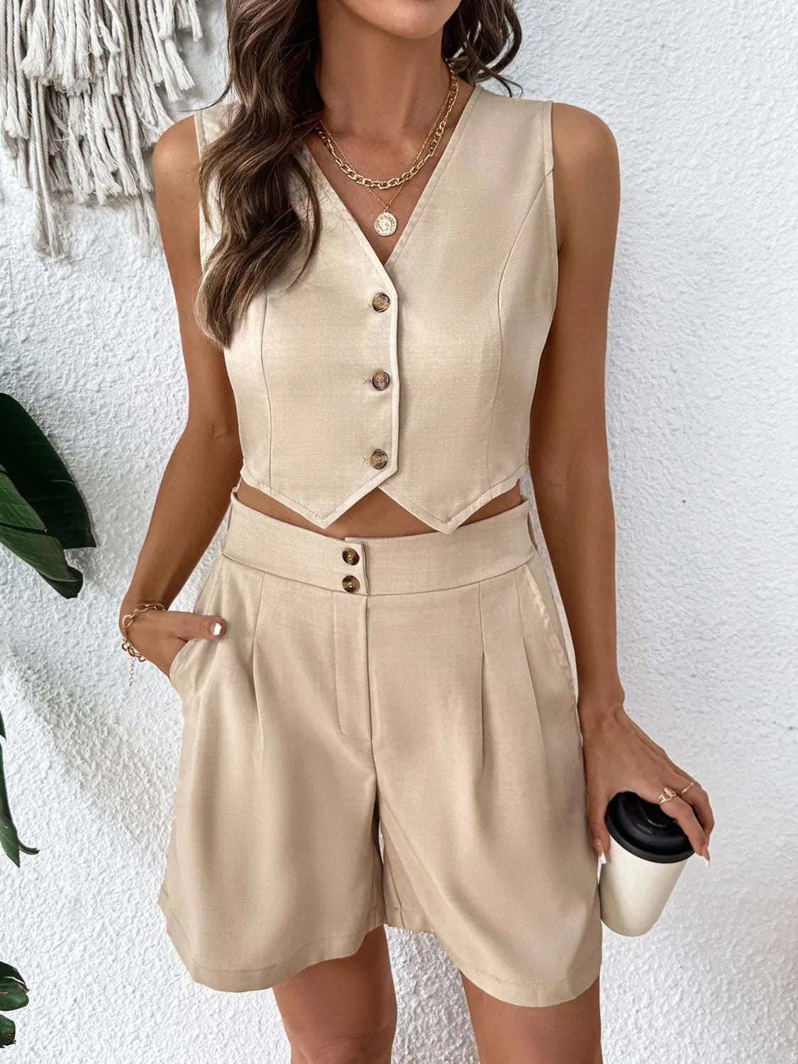 V-Neck Vest and Shorts Set Tan / S