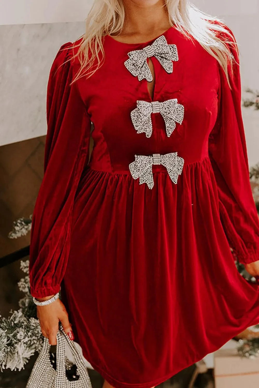 Velvet Bow Front Balloon Sleeve Dress