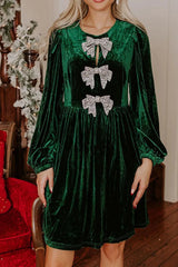 Velvet Bow Front Balloon Sleeve Dress Dark Green / S