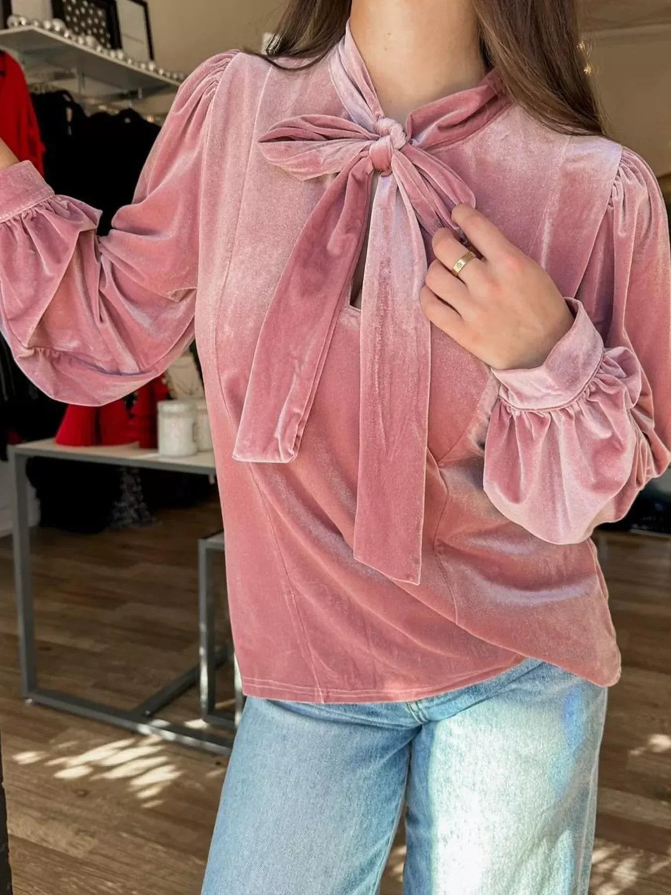 Velvet Tie-Neck Blouse