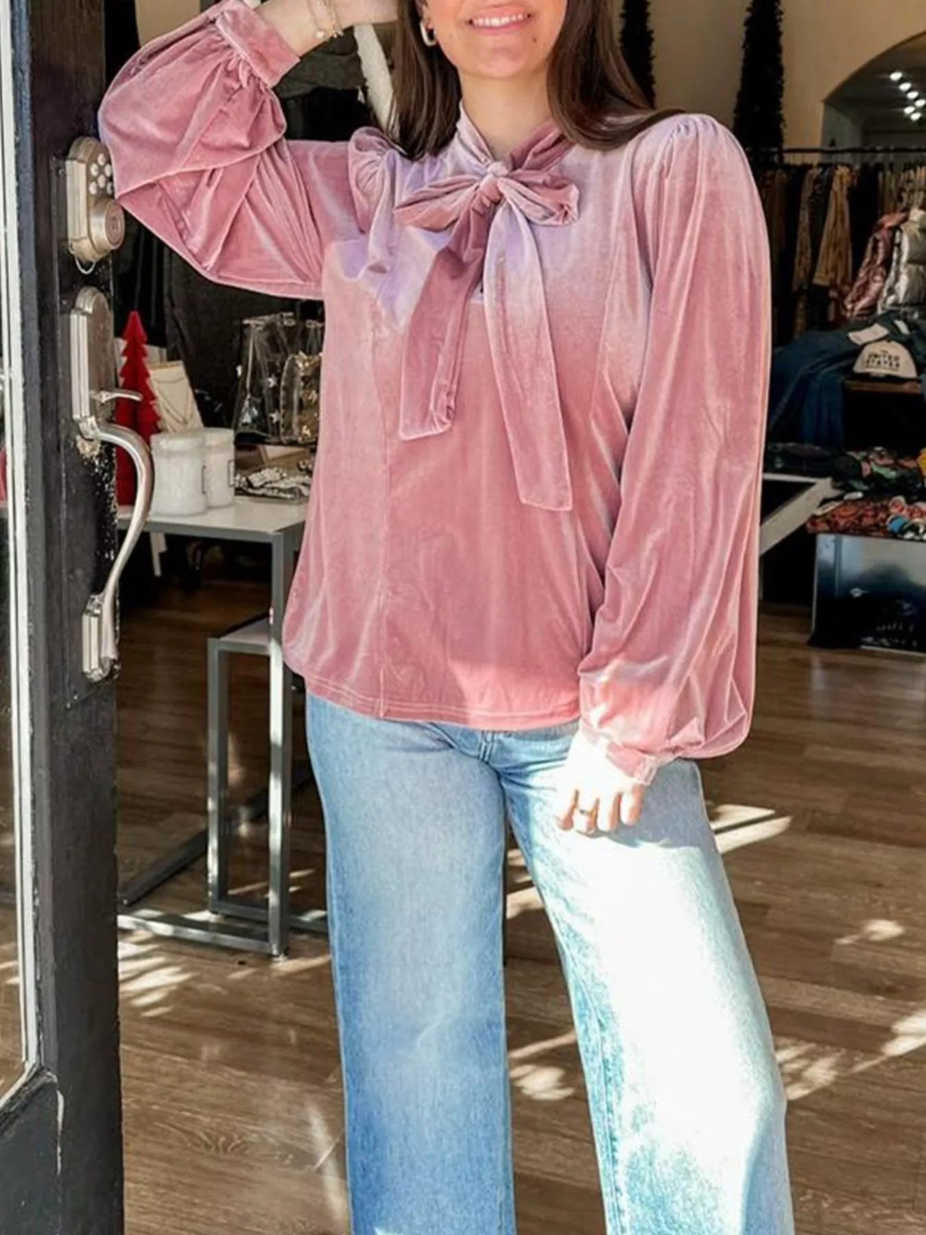 Velvet Tie-Neck Blouse