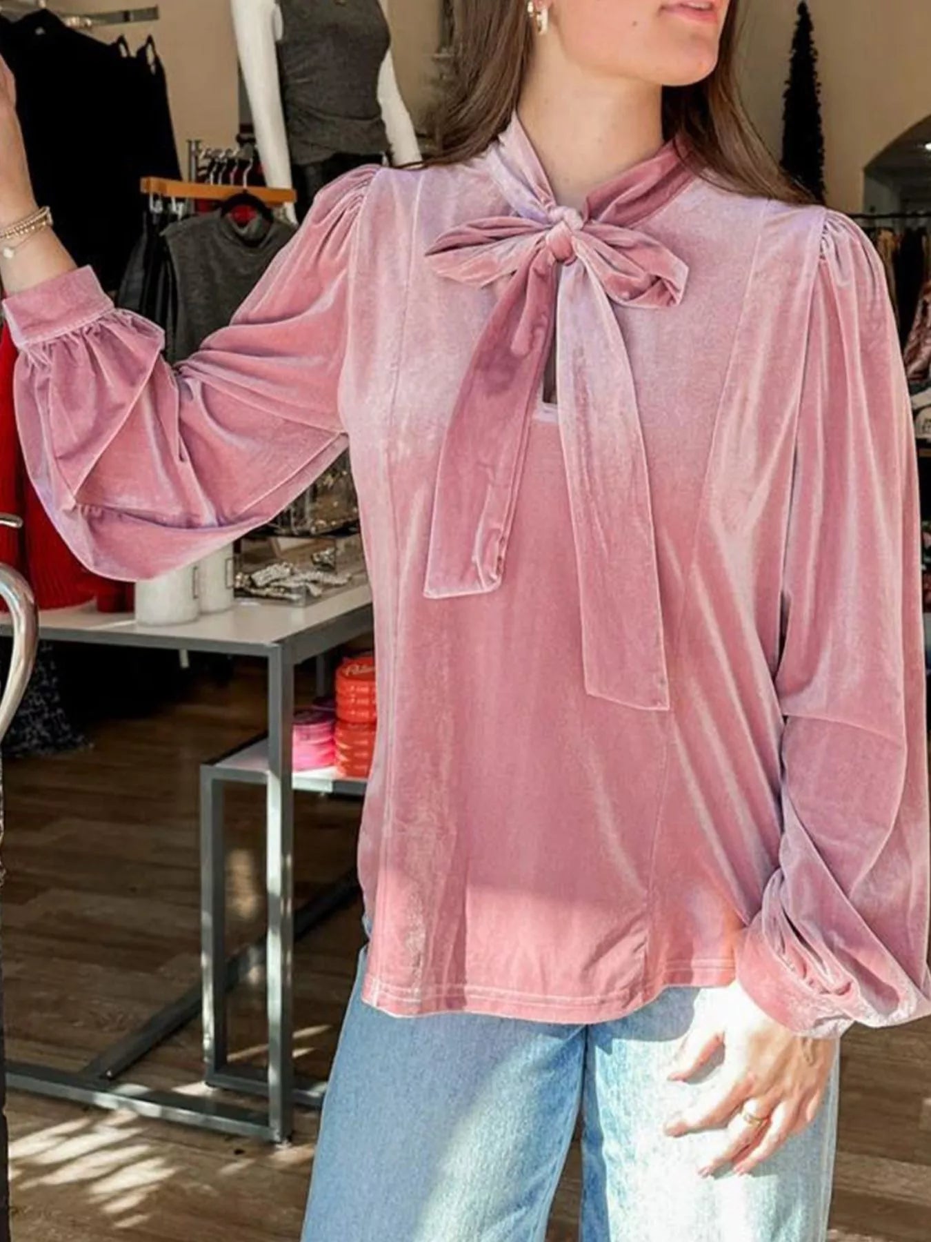 Velvet Tie-Neck Blouse Dusty Pink / S