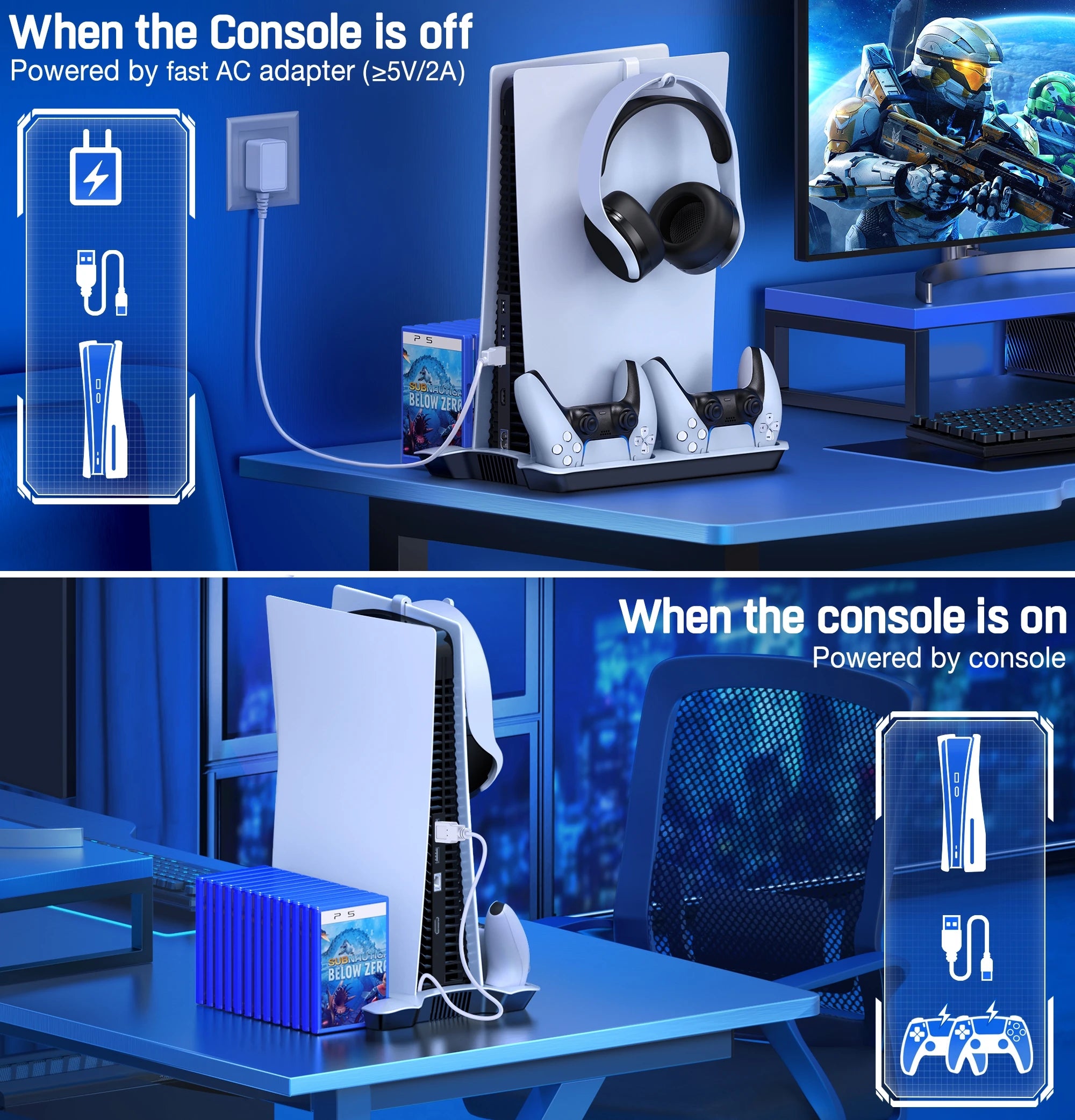 Vertical PS5 stand with LED cooling fan, dual controller charging dock, game slots