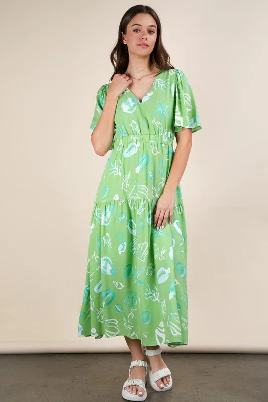 VERY J Printed V-Neck Resort Midi Dress