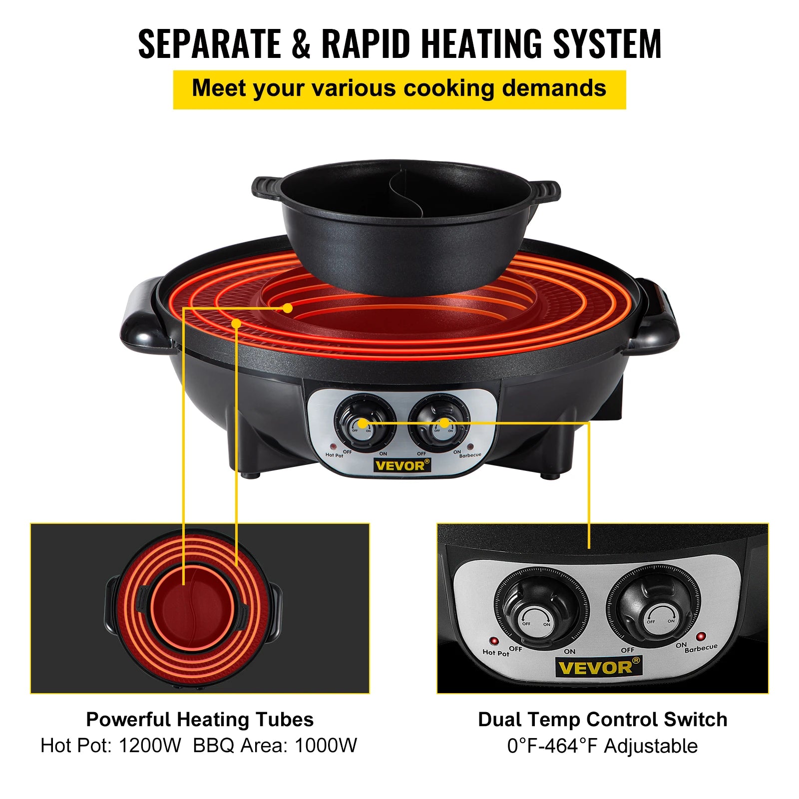 VEVOR 2 in 1 Electric Hot Pot BBQ Grill - 2200W Multifunction, Portable Non-Stick, Split Pot for Home, Smokeless Skillet Barbecue Pan