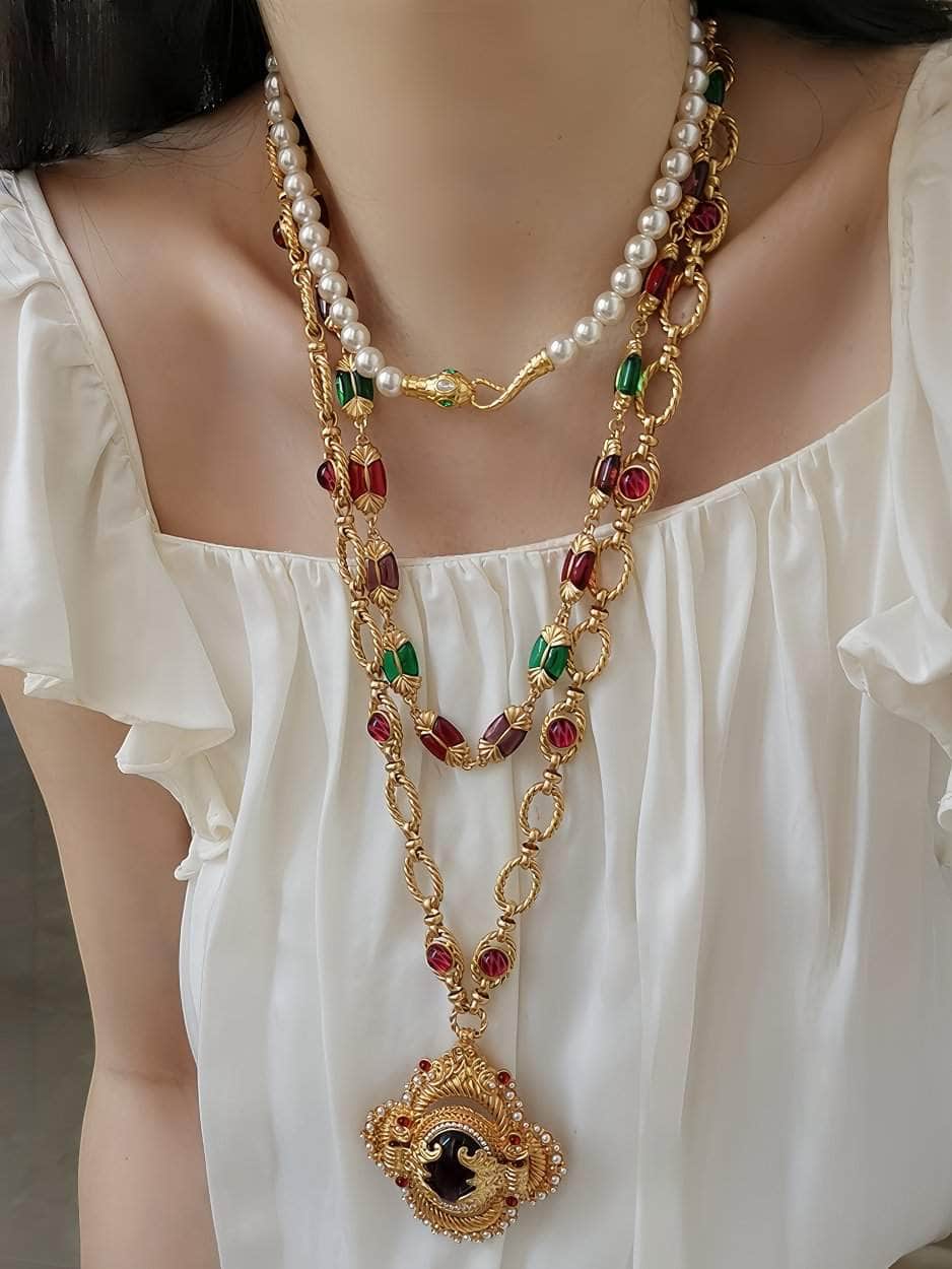 Victorian Pendant Link Chain Gemstone Statement Necklace