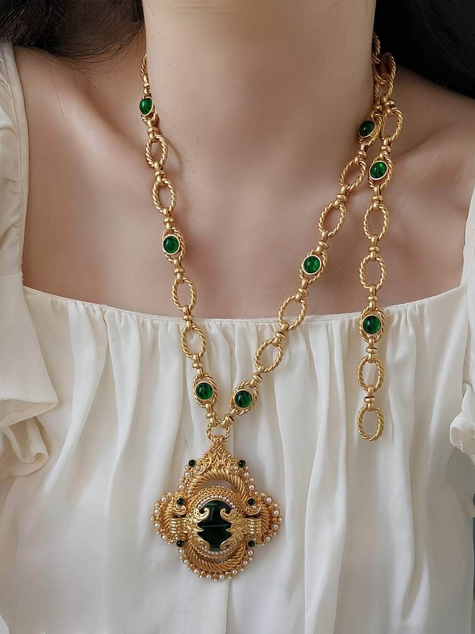 Victorian Pendant Link Chain Gemstone Statement Necklace