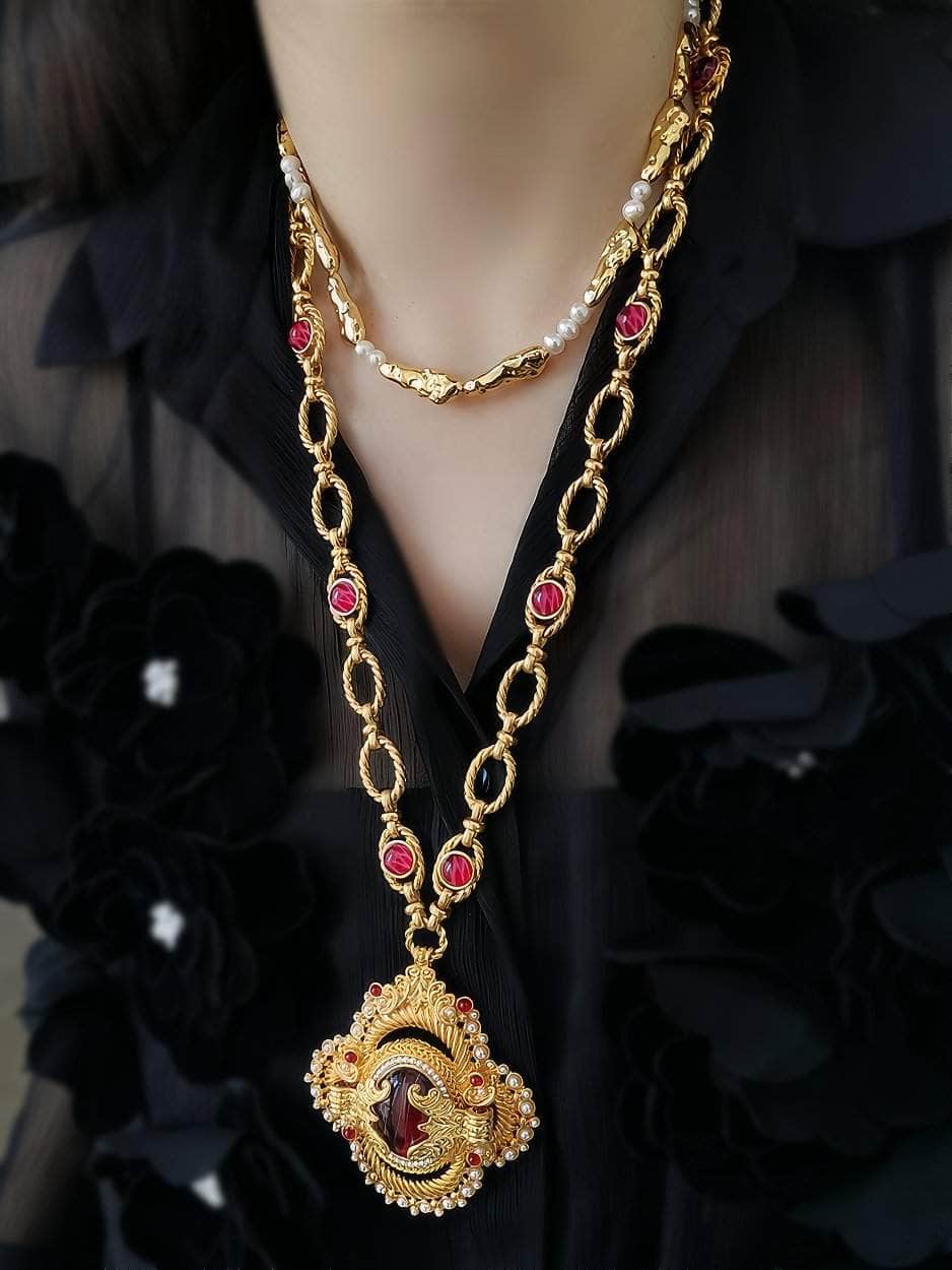 Victorian Pendant Link Chain Gemstone Statement Necklace