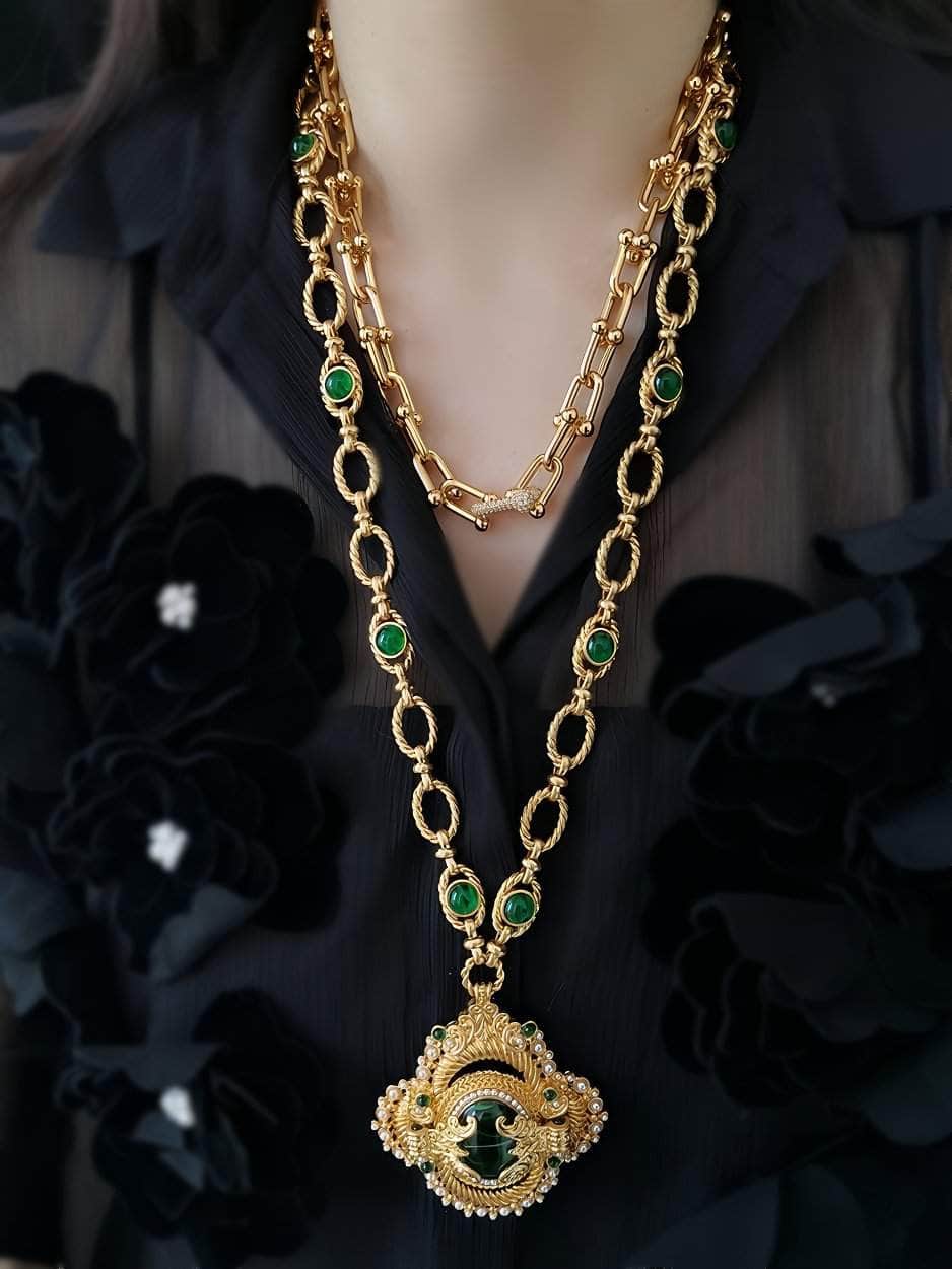 Victorian Pendant Link Chain Gemstone Statement Necklace