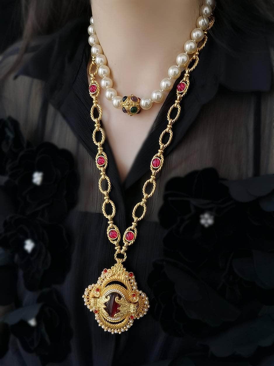 Victorian Pendant Link Chain Gemstone Statement Necklace