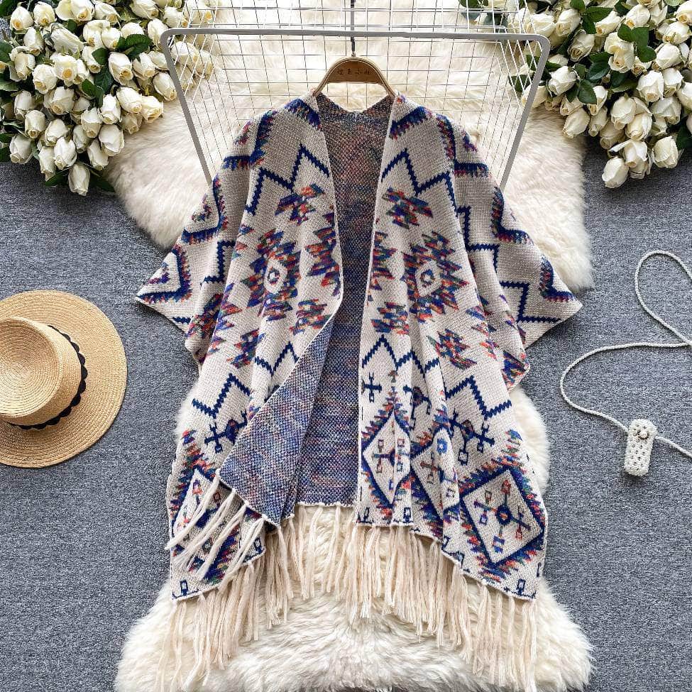 Vintage Bohemian Tassel Detailed Shawl MAX SIZE / Ivory