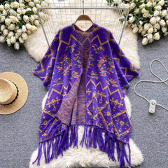 Vintage Bohemian Tassel Detailed Shawl MAX SIZE / Purple