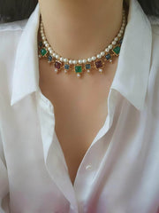 Vintage Floral Opal Multistone Choker Pearl Necklace Gold
