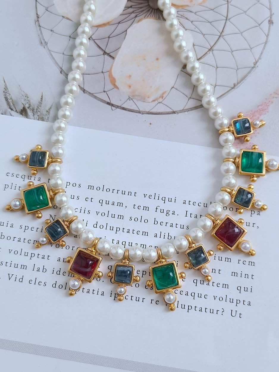 Vintage Floral Opal Multistone Choker Pearl Necklace Gold