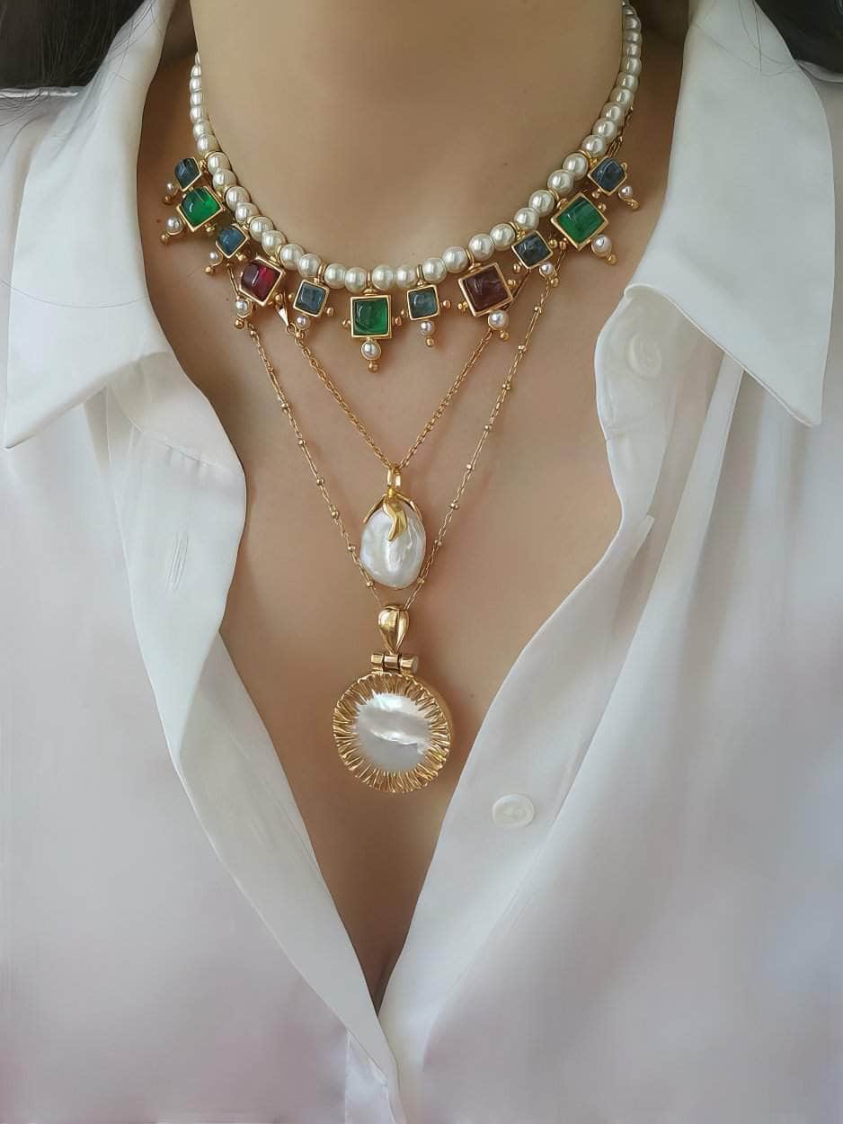 Vintage Floral Opal Multistone Choker Pearl Necklace Gold