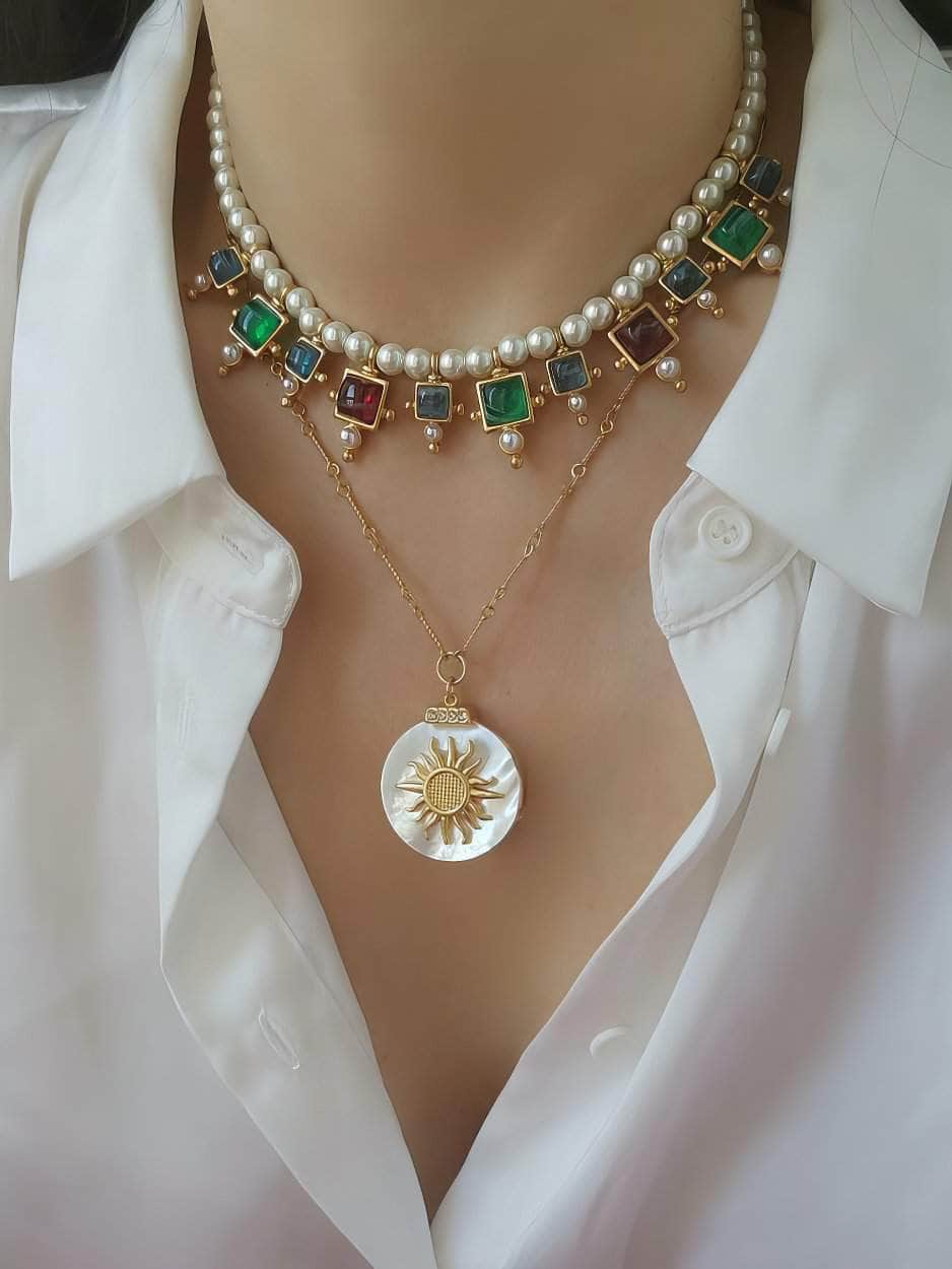 Vintage Floral Opal Multistone Choker Pearl Necklace Gold