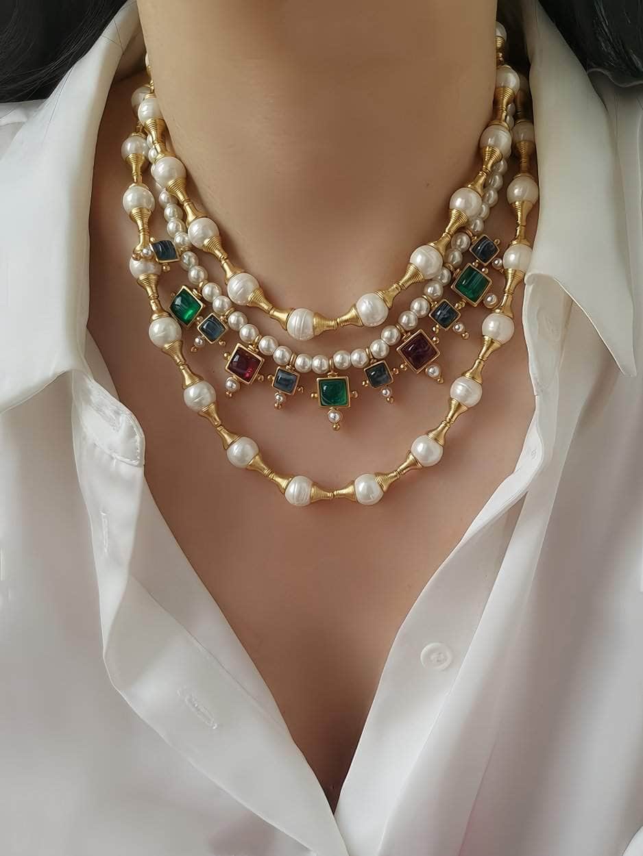 Vintage Floral Opal Multistone Choker Pearl Necklace Gold