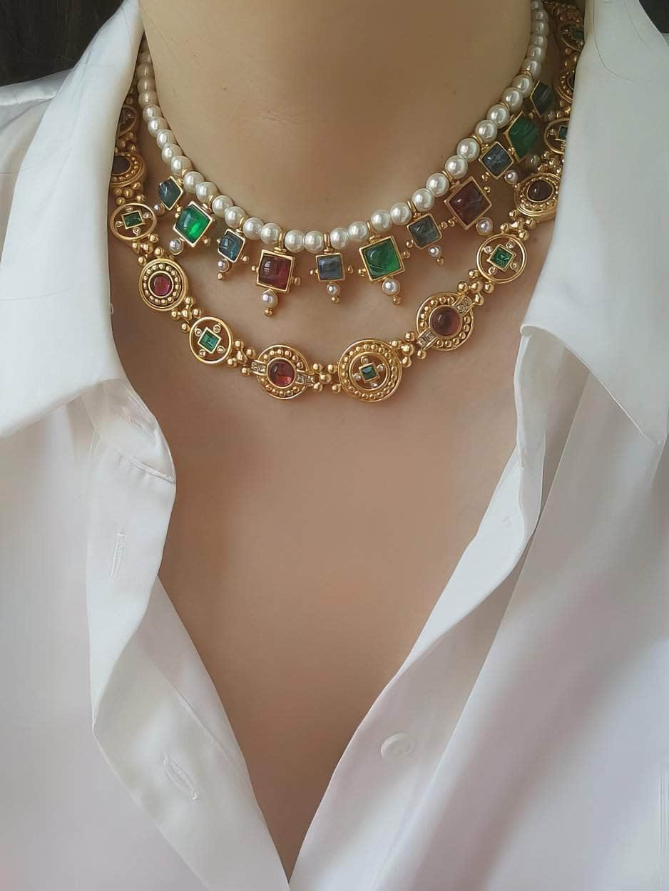 Vintage Floral Opal Multistone Choker Pearl Necklace Gold