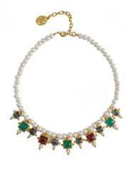 Vintage Floral Opal Multistone Choker Pearl Necklace Gold