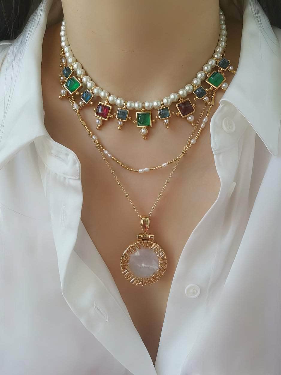 Vintage Floral Opal Multistone Choker Pearl Necklace Gold