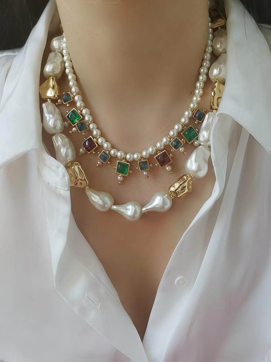 Vintage Floral Opal Multistone Choker Pearl Necklace Gold