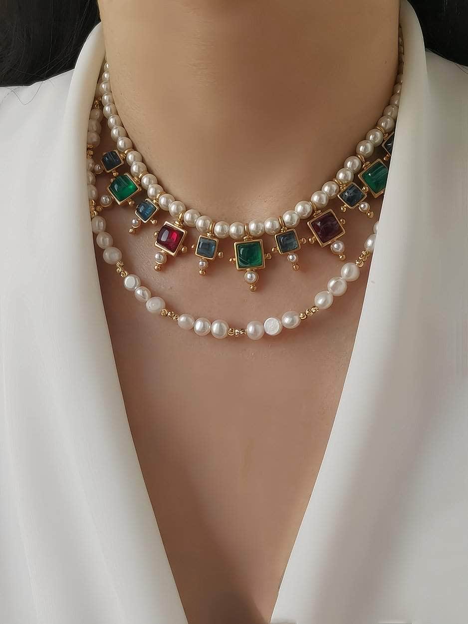 Vintage Floral Opal Multistone Choker Pearl Necklace Gold