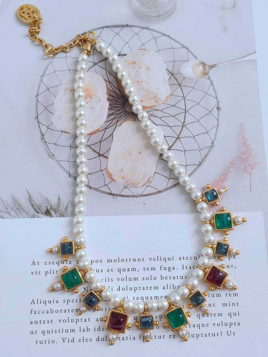 Vintage Floral Opal Multistone Choker Pearl Necklace Gold