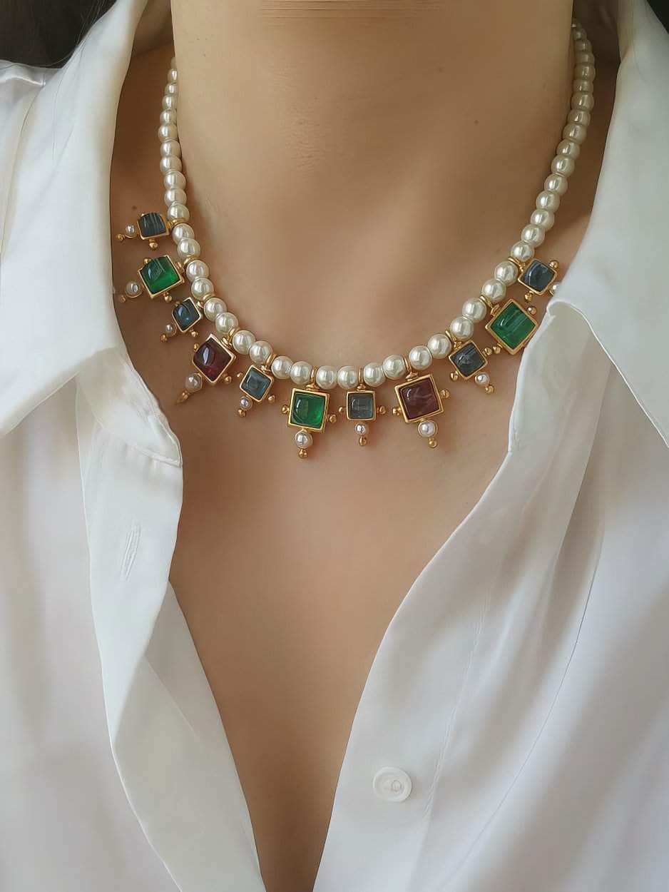 Vintage Floral Opal Multistone Choker Pearl Necklace Gold