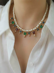 Vintage Floral Opal Multistone Choker Pearl Necklace Gold