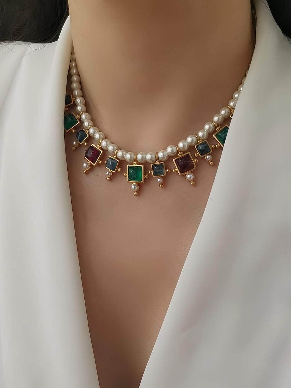 Vintage Floral Opal Multistone Choker Pearl Necklace Gold